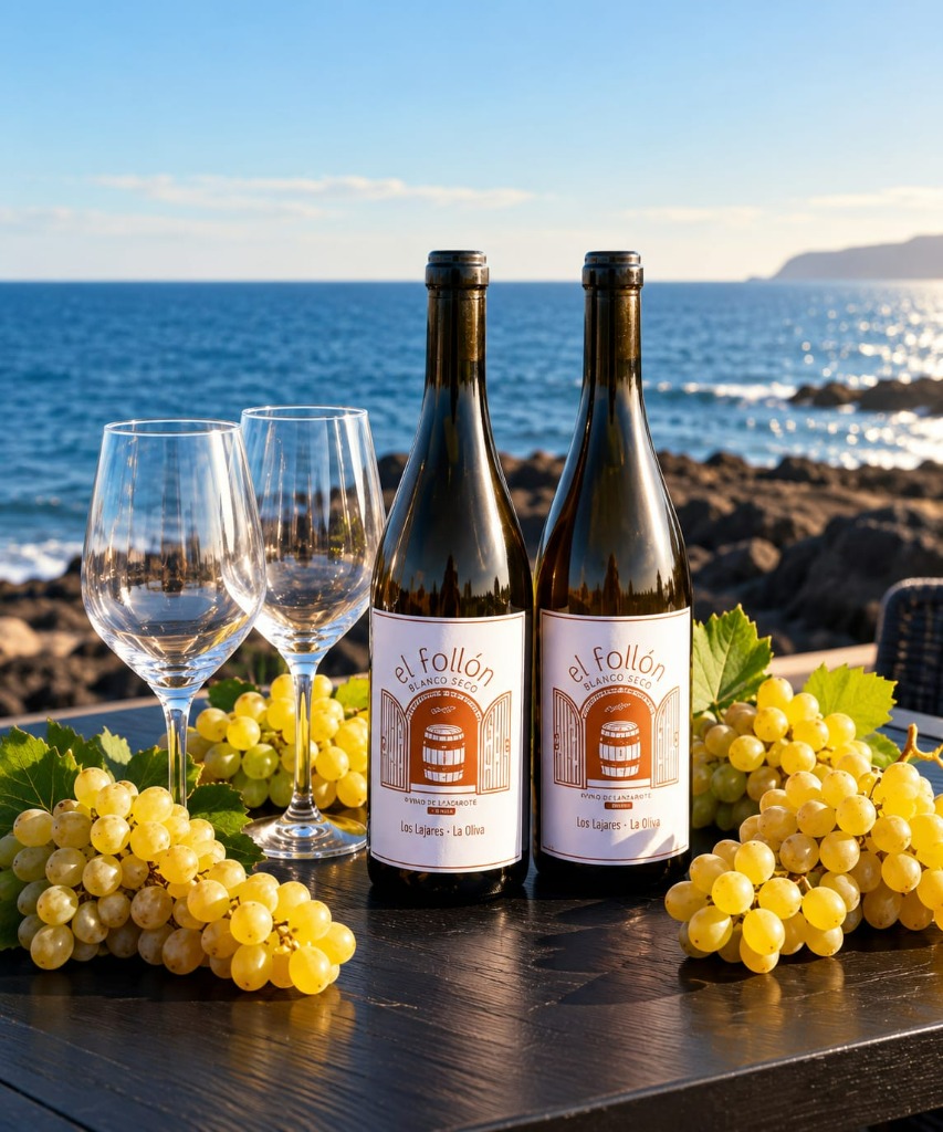 Dos botellas de El Follón con copas, uvas blancas y paisaje volcánico